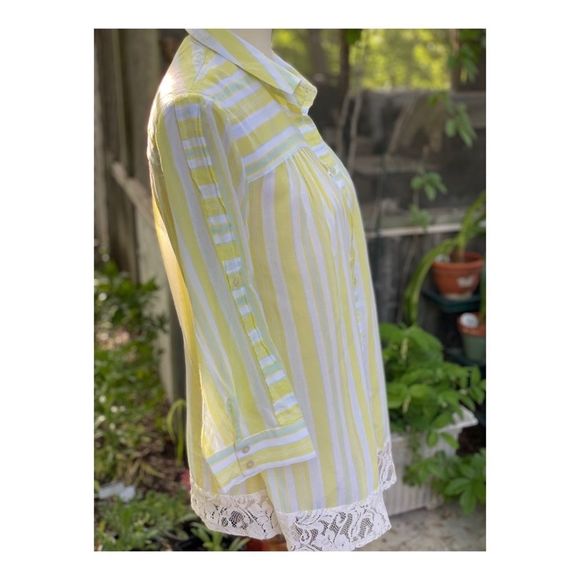 Esme & Esyllte Anthro Blouse Shirt Cotton Lace Stripes Sz 8 Yellow White - Picture 6 of 9
